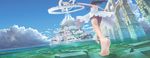  barefoot brown_hair city cloud day dress feet from_below hiraoka_masamune original ribbon scenery sky soles solo upskirt water 