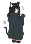  1girl ahoge animal_ears black_eyes black_hair black_hoodie black_thighhighs bright_pupils cat_ears cat_tail commentary_request cowboy_shot hand_up highres hood hoodie long_hair looking_at_viewer megateru notice_lines open_mouth original paw_print paw_print_background simple_background sleeves_past_wrists solo tail thighhighs white_background white_pupils zettai_ryouiki 