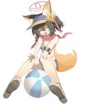  1girl :d ^_^ animal_ear_fluff animal_ears b_zhan_cm_yang ball beachball bikini black_hair blue_archive blue_shorts breasts closed_eyes commentary_request flower fox_ears fox_girl fox_tail hair_between_eyes hair_flower hair_ornament halo izuna_(blue_archive) izuna_(swimsuit)_(blue_archive) medium_breasts official_alternate_costume open_mouth red_halo red_scarf sandals scarf short_shorts shorts simple_background smile solo striped striped_bikini swimsuit tail visor_cap white_background 