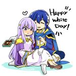  1boy 1girl blue_cape blue_hair blush box box_of_chocolates brother_and_sister cape chocolate closed_eyes dress eating fire_emblem fire_emblem:_genealogy_of_the_holy_war headband holding julia_(fire_emblem) long_hair ponytail purple_eyes purple_hair seliph_(fire_emblem) siblings simple_background sitting white_headband yukia_(firstaid0) 