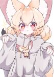  1girl :3 animal animal_ear_fluff animal_ears blonde_hair blush_stickers closed_mouth commentary_request creature_and_personification double_bun drawstring fennec_fox fox_ears fox_girl fox_tail grey_hoodie hair_between_eyes hair_bun hands_up highres hood hood_down hoodie long_sleeves looking_at_viewer megateru original puffy_long_sleeves puffy_sleeves red_eyes simple_background sleeves_past_wrists smile solo tail upper_body white_background 