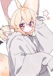  1girl :3 animal animal_ear_fluff animal_ears animal_in_clothes arm_up blonde_hair blush creature_and_personification drawstring fennec_fox fox_ears fox_girl fox_tail hair_between_eyes highres hood_basket large_ears long_sleeves looking_at_viewer megateru original puffy_long_sleeves puffy_sleeves rabbit_pose red_eyes simple_background sleeping_animal sleeves_past_fingers sleeves_past_wrists solo star_(symbol) tail upper_body white_background 