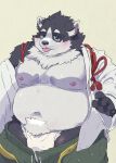  2023 absurd_res anthro asian_clothing belly big_belly canid canine canis clothing domestic_dog east_asian_clothing fundoshi harima hi_res japanese_clothing kemono male mammal moobs navel nipples overweight overweight_male simple_background solo tachiuo tamacolle tongue tongue_out underwear white_clothing white_fundoshi white_underwear young 