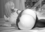  1girl ass ass_focus backboob bed bed_sheet breasts city cityscape clothes_pull crop_top curtains dress feet_out_of_frame go-toubun_no_hanayome greyscale hair_between_eyes highres huge_ass kosmos_beta long_hair looking_at_viewer looking_back lying microskirt monochrome nakano_miku on_bed on_side pantyhose pantyhose_pull pulled_by_self sailor_collar school_uniform serafuku serious short_sleeves skirt solo window 