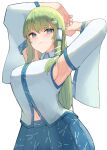  1girl absurdres arms_behind_head blue_eyes blue_skirt blush breasts detached_sleeves frog frog_hair_ornament green_hair hair_ornament hair_tubes highres kochiya_sanae large_breasts long_hair looking_at_viewer nontraditional_miko poru_(36016757) shirt single_hair_tube skirt smile snake snake_hair_ornament solo touhou upper_body white_background white_shirt 