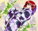  blue_eyes dutch_angle flower forte_stollen galaxy_angel japanese_clothes jpeg_artifacts kimono lying non-web_source red_hair short_hair solo 