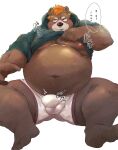 2023 absurd_res anthro balls_outline bear belly big_belly blush brown_body bulge clothing feet genital_outline hi_res hoodie japanese_text kemono lost_out_gi male mammal moobs nipples overweight overweight_male penis_outline simple_background sitting solo text topwear underwear