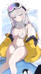  1girl absurdres animal archi_(aruki) bikini bird blue_archive blush breasts cleavage closed_mouth feet_out_of_frame fur-trimmed_jacket fur_trim goggles goggles_on_head grey_hair grey_halo halo highres himari_(blue_archive) jacket long_hair looking_at_viewer medium_breasts mole mole_under_eye navel penguin pointy_ears purple_eyes scarf sitting smile solo swimsuit water white_bikini white_scarf yellow_jacket 