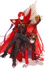  1boy 1girl all_fours black_hair brother_and_sister cape crossed_legs fate/grand_order fate_(series) fiery_hair hair_over_one_eye hat high_heels highres human_chair human_furniture long_hair oda_nobukatsu_(fate) oda_nobunaga_(fate) oda_nobunaga_(maou_avenger)_(fate) red_cape red_eyes red_hair siblings sitting sitting_on_person skull smile twitter_username very_long_hair yui_(tamagohan) 