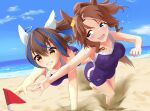  2girls animal_ears ao_komhur bare_shoulders barefoot beach blue_eyes blue_hair blue_one-piece_swimsuit blue_sky blush breasts brown_hair cleavage cloud cloudy_sky colored_inner_hair commentary_request daitaku_helios_(umamusume) denim denim_shorts ear_covers ear_ornament ear_piercing flag grin hair_ornament hairclip horse_ears large_breasts mejiro_palmer_(umamusume) multicolored_hair multiple_girls one-piece_swimsuit outdoors piercing red_flag sand shorts sky smile streaked_hair swimsuit teeth tracen_swimsuit umamusume upper_teeth_only water white_hair yellow_eyes 