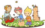  artist_request beard boney brown_hair doseisan duster_(mother) facial_hair faux_figurine flower garden kumatora lucas mother_(game) mother_3 multiple_boys one_eye_closed pink_hair ribbon shirt short_hair smile striped striped_shirt 