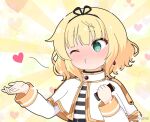  1girl @_@ blonde_hair blowing_kiss blush can canned_coffee capelet commentary_request cosplay flying_sweatdrops frieren frieren_(cosplay) gochuumon_wa_usagi_desu_ka? green_eyes hands_up heart holding holding_can kirima_syaro long_sleeves mitya nose_blush one_eye_closed puckered_lips shirt solo sousou_no_frieren striped striped_shirt sunburst sunburst_background sweat upper_body white_capelet 