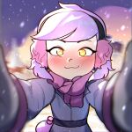 1girl :3 absurdres amba_si amity_blight blurry blurry_background blush coat earmuffs highres looking_at_viewer meme pov pov_cheek_warming_(meme) purple_hair purple_scarf scarf short_hair smile snow snowing solo_focus the_owl_house upper_body winter_clothes winter_coat yellow_eyes 