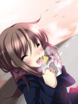  blush brown_hair food original scarf solo suzuki_sakanaya taiyaki wagashi 