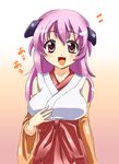  breasts detached_sleeves hakama hanyuu higurashi_no_naku_koro_ni horns japanese_clothes kanae_arisu large_breasts long_hair miko purple_eyes purple_hair red_hakama solo 