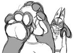 3_toes annoyed anthro big_feet clothing duo feet foot_fetish foot_focus foot_on_face generation_4_pokemon hi_res human interspecies lucario mammal nintendo pawpads pokemon pokemon_(species) pokephilia shirt simple_background sketch snaggle_tooth soles t-shirt toe_curl toes topwear zp92