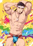  1boy abs bara black_hair blue_male_underwear bulge facial_hair feather_necklace highres jewelry jockstrap large_pectorals male_focus male_underwear mazjojo muscular muscular_male navel necklace nipples pectorals rainbow_background real_life sasuke_daru short_hair solo thick_thighs thighs underwear 