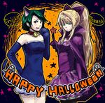  animal_ears bad_id bad_pixiv_id bell bell_collar blonde_hair blue_eyes bow cape cat_ears cat_tail chou_shittou_caduceus collar dress elbow_gloves gloves green_hair hair_bow halloween hand_on_hip happy_halloween leslie_sears long_hair multiple_girls pantyhose paws ponytail red_hair satou_karume short_hair tail tonegawa_anju trick_or_treat wand 
