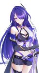  1girl absurdres acheron_(honkai:_star_rail) belt black_belt breasts cleavage commentary_request cowboy_shot elbow_gloves gloves hair_ornament highres honkai:_star_rail honkai_(series) katana long_hair midriff navel purple_eyes purple_hair scabbard sheath sheathed simple_background single_bare_shoulder solo standing stomach sword thighs very_long_hair wanzituanzimax weapon white_background 
