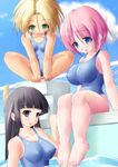  barefoot black_eyes black_hair blonde_hair blue_eyes blush breasts cleavage copyright_request feet green_eyes kourourin large_breasts long_hair multiple_girls one-piece_swimsuit pink_hair pool school_swimsuit short_hair sitting swimsuit water 