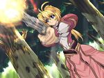  belt blonde_hair blue_eyes brave_soul caren_(brave_soul) dress dutch_angle firing frills game_cg glasses gun handgun long_hair mogudan muzzle_flash navel outdoors ponytail revolver skin_tight solo tree weapon 