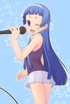  amamiya_minato bangs blunt_bangs kannagi looking_back microphone nagi one_eye_closed pleated_skirt purple_eyes skirt solo white_skirt 