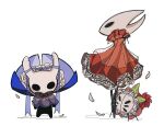  1girl 1other alternate_costume arthropod_girl black_eyes black_skin blank_eyes blue_ribbon bug capelet cloak colored_skin commentary english_commentary flower from_side full_body gitgazi grey_capelet high_collar hollow_knight horn_ornament hornet_(hollow_knight) horns knight_(hollow_knight) leaf little_weaver_(hollow_knight) petals profile red_cloak ribbon rose see-through simple_background spider standing white_background white_flower white_horns white_rose 