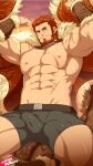  1boy abs artist_name bara beard biceps cape closed_mouth double_biceps_pose facial_hair fate/zero fate_(series) flexing fur-trimmed_cape fur_trim grey_male_underwear highres iskandar_(fate) kneeling large_pectorals male_focus male_underwear mazjojo muscular muscular_male navel nipples outdoors paid_reward_available pectorals red_cape red_hair short_hair smile solo sunset underwear 
