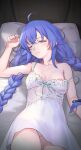  1girl absurdres ahoge areola_slip arm_up bare_shoulders bed_sheet blue_eyes blue_hair braid breasts breasts_apart camisole cleavage closed_mouth floral_print frilled_camisole frills half-closed_eyes highres looking_at_viewer lying mushoku_tensei nipples on_back on_bed one_eye_closed panties pantyshot pillow print_camisole roxy_migurdia small_breasts solo spaghetti_strap strap_slip tarou_(user_tpmh7442) twin_braids underwear white_camisole white_panties 