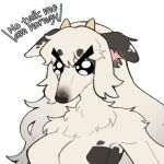 angry_eyes anthro big_breasts borzoi bovid bovine breasts canid canine canis cattle domestic_dog ears_down female fluffoo_eva fluffy fur googly_eyes hair horn hunting_dog hybrid mammal meme neck_tuft oxana_(fluffoo_eva) pivoted_ears sighthound solo spots spotted_body spotted_fur text tuft white_body