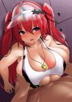  1boy 1girl absurdres akure_ekuto blush breasts cleavage clothed_female_nude_male commentary_request commission hair_between_eyes hat_ornament highres huge_breasts long_hair looking_at_viewer naruse_mio nude open_mouth paizuri pov purple_eyes red_hair shinmai_maou_no_testament skeb_commission solo_focus star_(symbol) star_hat_ornament transparent_headwear two_side_up variant_set visor_cap whistle whistle_around_neck 