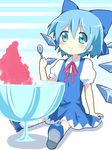  arm_support bad_id bad_pixiv_id blue_eyes blue_hair blush bow cirno eating food hair_bow maruki_(punchiki) shaved_ice sitting solo touhou wings 