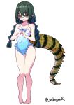  1girl absurdres artist_name blue-framed_eyewear blue_one-piece_swimsuit colored_eyelashes crocodilian_tail frilled_one-piece_swimsuit frills full_body glasses green_hair hands_up highres long_hair looking_to_the_side low_twintails mikagura one-piece_swimsuit open_mouth original pointy_ears reptile_girl round_eyewear simple_background slit_pupils solo standing swimsuit tail twintails twitter_username white_background yellow_eyes 