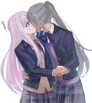  ! 2girls aoki_shizumi blazer blue_bow blue_jacket bow collared_shirt d4dj grey_background grey_eyes grey_hair izumo_saki jacket kiss long_hair long_sleeves multiple_girls niijima_ibuki ponytail purple_hair purple_vest red_bow school_uniform shirt vest white_shirt yellow_vest yuri 