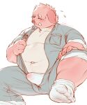  2023 anthro belly big_belly bulge clothing domestic_pig eyes_closed feet hi_res male mammal navel overweight overweight_male scar solo suid suina sus_(pig) underwear undressing xiyuecheng 