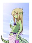  bikini brown_hair dragon_girl dragon_tail food green_skin jingai_modoki monster_girl original popsicle ryuujin_no_senpai scales side-tie_bikini solo swimsuit tail towel 