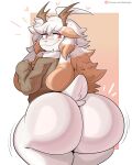 &lt;3 absurd_res anthro biped blush bovid breasts butt caprine clothed clothing female fur hair hi_res jinu looking_at_viewer looking_back looking_back_at_viewer mammal pupils smile thick_thighs topwear white_body