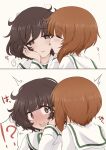  !? 2girls ^^^ akiyama_yukari blush brown_eyes brown_hair girls_und_panzer hazuki_haru highres kiss multiple_girls nishizumi_miho ooarai_school_uniform orange_hair revision sailor_collar school_uniform short_hair simple_background upper_body white_background white_sailor_collar yuri 