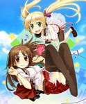  amagai_tarou beamed_eighth_notes blonde_hair blush brown_hair eighth_note falling feet green_eyes happy headphones headphones_around_neck legs long_hair multiple_girls musical_note original red_eyes skirt smile star thighhighs twintails 