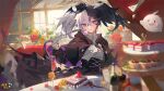  1girl benghuai_xueyuan black_hair cake copyright_name day floating flower food fran_(benghuai_xueyuan) ghost gloves hat head_wings highres holding holding_knife honkai_(series) indoors knife mini_hat multicolored_hair official_art purple_eyes second-party_source two-tone_hair white_hair window wings 