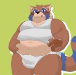 2023 anthro belly big_belly blush brown_body bulge canid canine clothing givemepudding3 green_background hi_res kemono male mammal overweight overweight_male raccoon_dog shirt simple_background solo tanuki topwear underwear