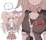  2girls black_shirt bow breasts cleavage collarbone cosplay crossed_arms danganronpa:_trigger_happy_havoc danganronpa_(series) enoshima_junko enoshima_junko_(cosplay) freckles hair_bow hair_ornament highres hwang_(h751073) ikusaba_mukuro large_breasts long_hair looking_at_viewer multiple_girls necktie rabbit_hair_ornament red_bow shirt siblings sisters skirt twintails 