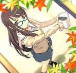  artist_request brown_eyes brown_hair copyright_request from_above glasses leaf long_hair school_uniform serafuku skirt solo source_request watering_can 