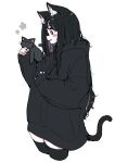  1girl animal animal_ears black_eyes black_hair black_hoodie blush cat cat_ears cat_girl cat_tail commentary_request cowboy_shot eyelashes highres holding holding_animal hood hoodie long_hair megateru messy_hair original oversized_clothes simple_background sleeping_animal sleeves_past_wrists smile solo tail thighhighs very_long_hair white_background 