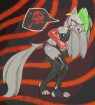  2023 abstract_background angry angry_eyes anthro armwear artist_name black_nose bottomwear breasts canid canine canis clenched_teeth clothing dated digital_media_(artwork) ear_piercing ear_ring eye_through_hair fangs feet female five_nights_at_freddy&#039;s five_nights_at_freddy&#039;s:_security_breach fur green_highlights grey_body grey_fur grey_hair hair highlights_(coloring) latex latex_armwear latex_clothing latex_legwear legwear long_hair long_tail mammal maridiansnack paws piercing ring_piercing roxanne_wolf_(fnaf) scottgames solo standing steel_wool_studios tail teeth topwear translucent translucent_hair wolf yellow_eyes 