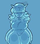 aliasing anthro beanie big_breasts blue_background blue_body breasts clothing domestic_cat featureless_breasts featureless_crotch felid feline felis front_view goo_creature hat headgear headwear huge_breasts mammal portrait probablydemo reese_(probablydemo) simple_background slightly_chubby solo standing thick_thighs three-quarter_portrait watermark