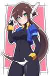  1girl absurdres aile_(mega_man_zx) black_bodysuit blue_jacket blush bodysuit breasts brown_hair buzzlyears closed_mouth covered_navel cropped_jacket green_eyes highres jacket large_breasts long_hair looking_at_viewer mega_man_(series) mega_man_zx panties short_sleeves solo underwear v white_panties 