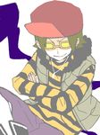  bad_id bad_pixiv_id baseball_cap crossed_arms evil_smile fur_trim glasses goggles hat jewelry looking_at_viewer looking_back male_focus mzd necklace pendant pop'n_music shaded_face shirt simple_background smile solo striped striped_shirt vest white_background 