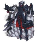  1boy 202vincent absurdres black_coat coat colored_sclera colored_skin drone extra_arms full_body grey_background grey_hair grey_sclera grey_skin high_collar highres holding holding_weapon humanoid_robot looking_to_the_side male_focus multicolored_background no_feet original parted_lips red_eyes robot short_hair solo standing two-sided_coat two-sided_fabric weapon 