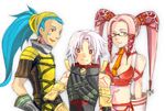  .hack//g.u. 1girl 2boys artist_request bare_shoulders blue_hair brown_eyes facial_mark forehead_mark glasses haseo_(.hack//) kuhn_(.hack//) lowres midriff multiple_boys necktie pi_(.hack//) pink_hair red_eyes silver_hair smile strap tattoo twintails white_hair yellow_eyes 
